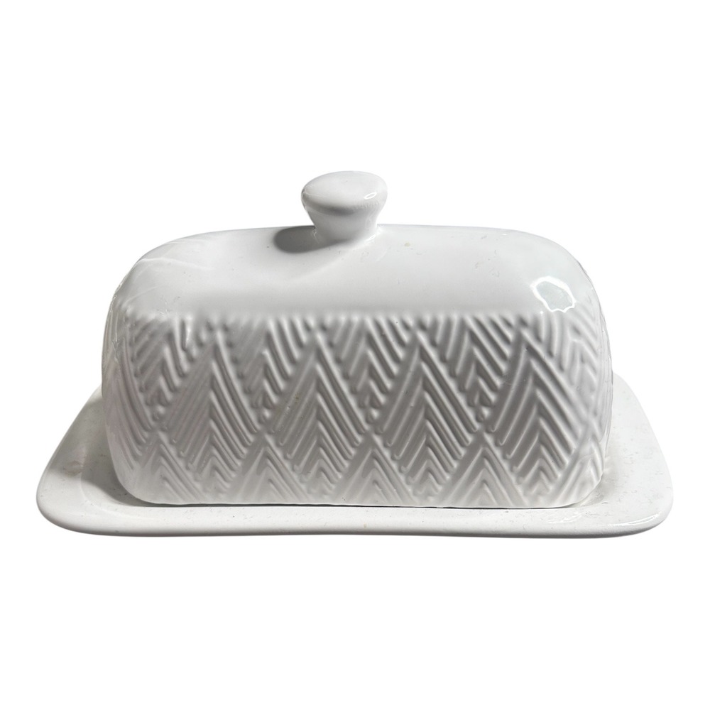 Nicole Miller New York White Ceramic Butter Dish Chevron Herringbone Embossed